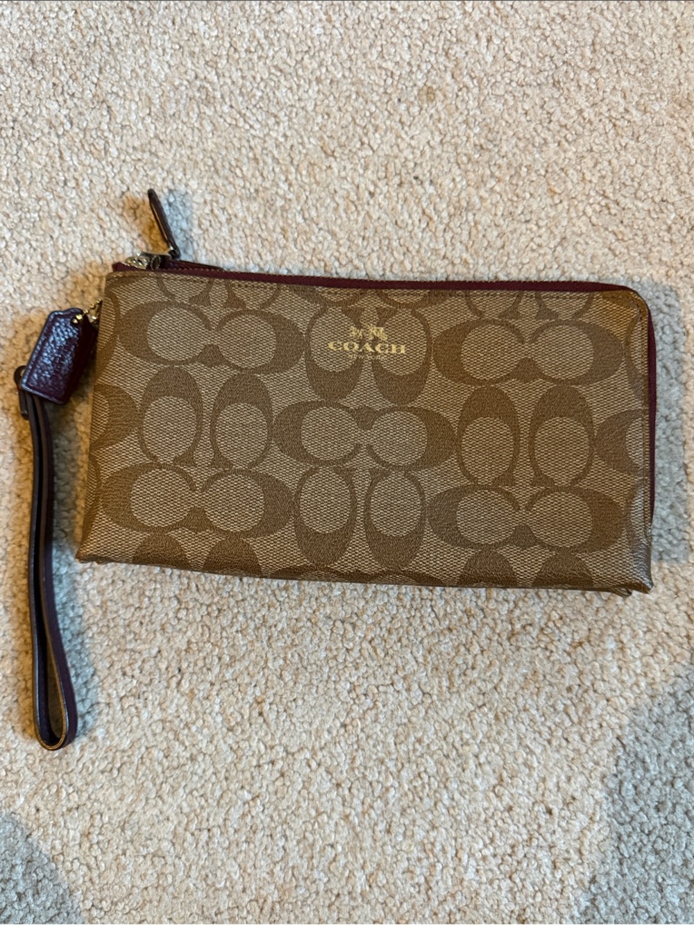 Coach Brown Signature Canvas Wristlet with Maroon Trim